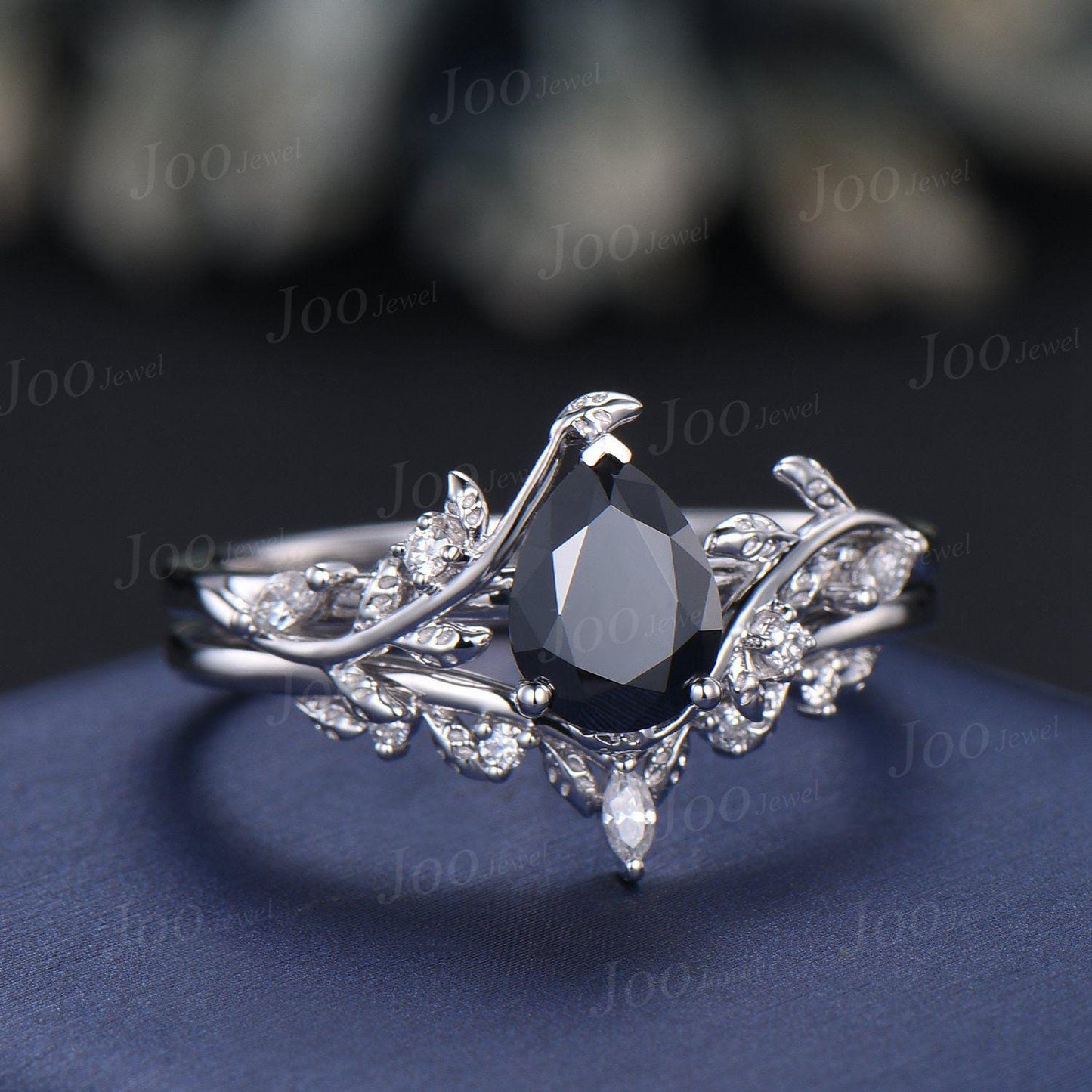 1.25ct Nature Inspired Pear Black Moissanite Diamond Engagement Ring Sets Sterling Silver Leaf Vine Branch Bypass Vintage Bridal Set Women