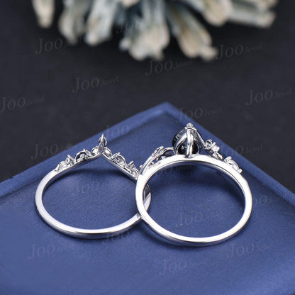 1.25ct Nature Inspired Pear Black Moissanite Diamond Engagement Ring Sets Sterling Silver Leaf Vine Branch Bypass Vintage Bridal Set Women