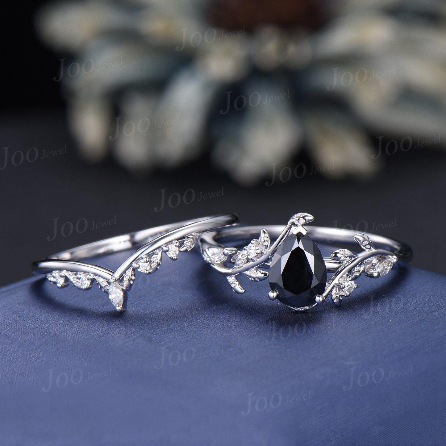 1.25ct Nature Inspired Pear Black Moissanite Diamond Engagement Ring Sets Sterling Silver Leaf Vine Branch Bypass Vintage Bridal Set Women