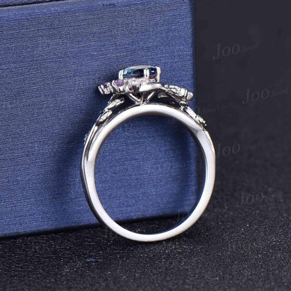Moon Leaf Alexandrite Ring Sterling Silver Vintage Cluster Emerald Ring Nature Engagement Ring Personalized June Birthstone Gifts For Women