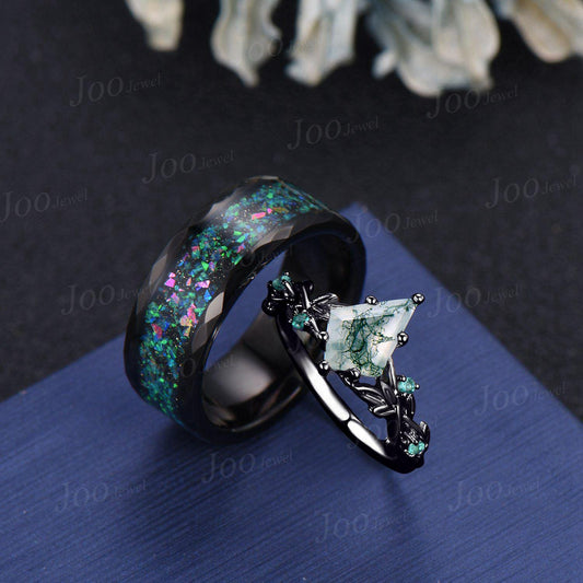 Nature Inspired Natural Kite Moss Agate Emerald Matching Couple Promise Ring Set Gothic Wedding Ring Men Women Black Tungsten Wedding Band