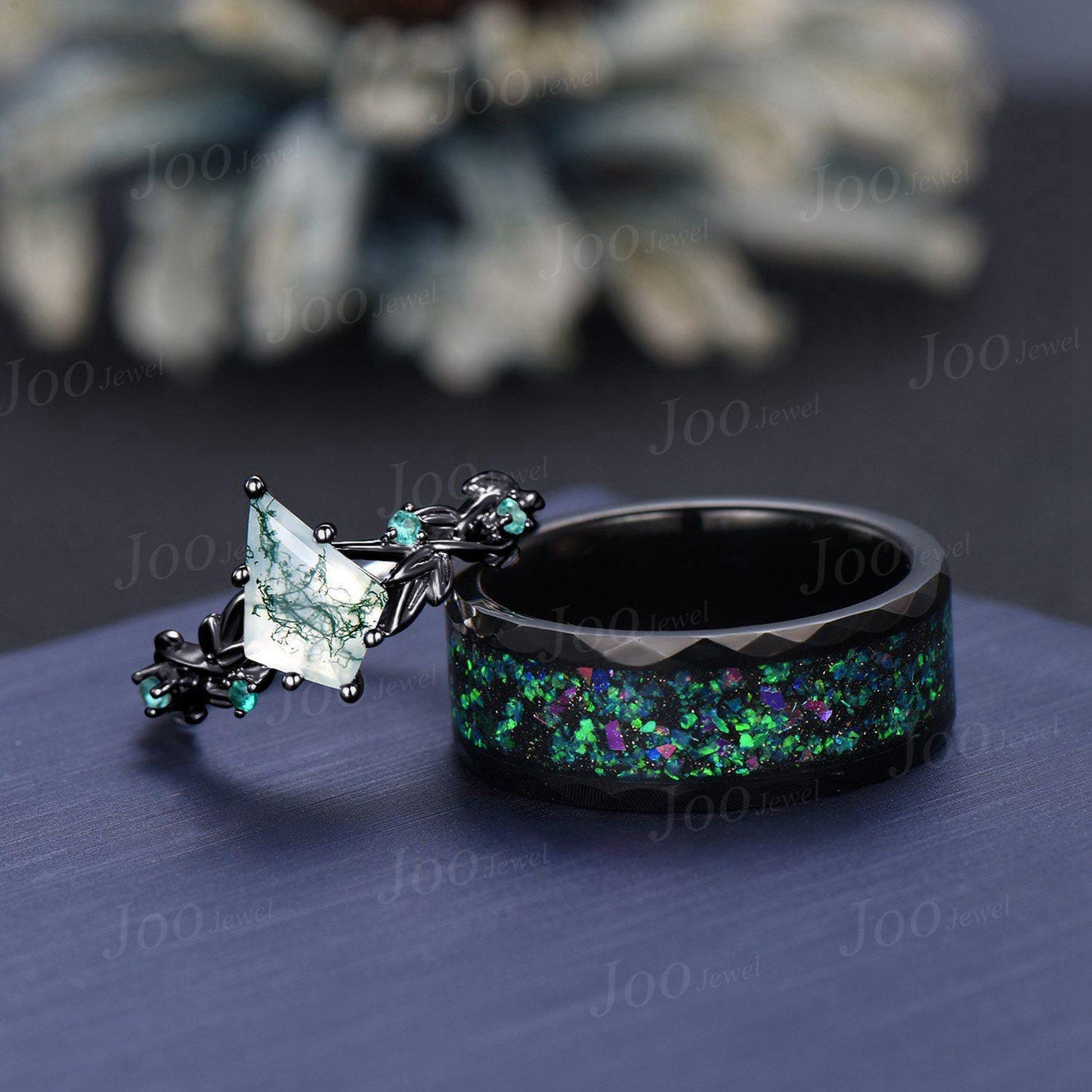 Nature Inspired Natural Kite Moss Agate Emerald Matching Couple Promise Ring Set Gothic Wedding Ring Men Women Black Tungsten Wedding Band