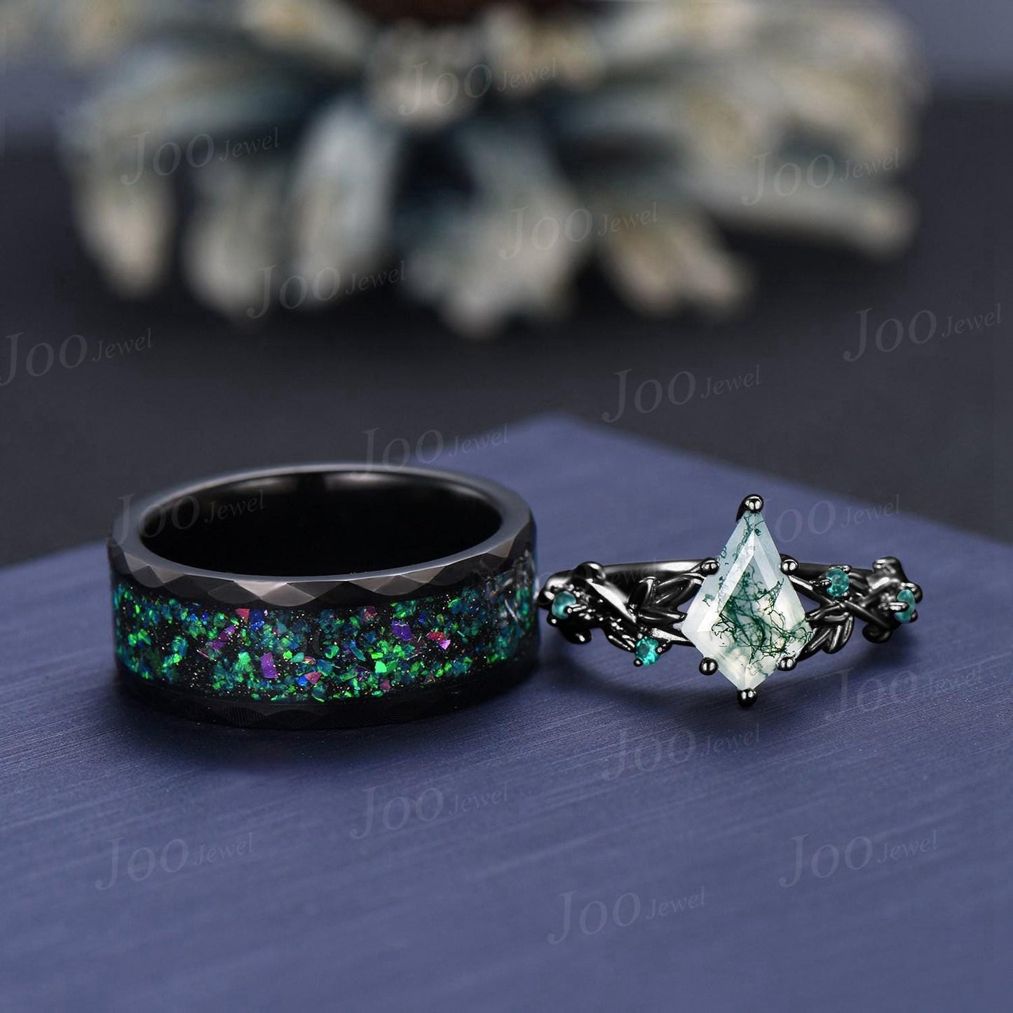 Nature Inspired Natural Kite Moss Agate Emerald Matching Couple Promise Ring Set Gothic Wedding Ring Men Women Black Tungsten Wedding Band
