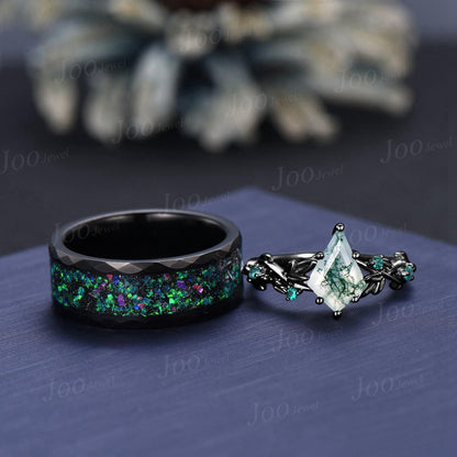Nature Inspired Natural Kite Moss Agate Emerald Matching Couple Promise Ring Set Gothic Wedding Ring Men Women Black Tungsten Wedding Band