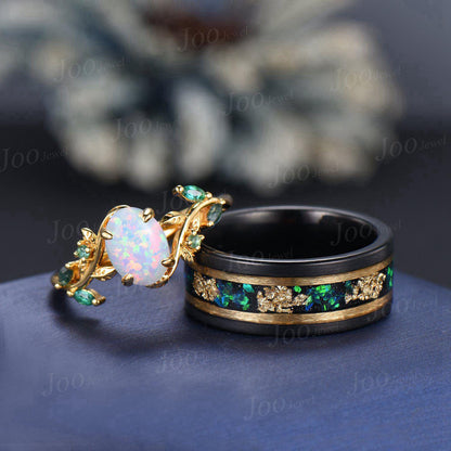 1.5ct Oval Cut White Opal Engagement Ring Set His&Hers Couple Ring Set Men's Tungsten Wedding Ring Yellow Gold Promise Ring Anniversary Gift
