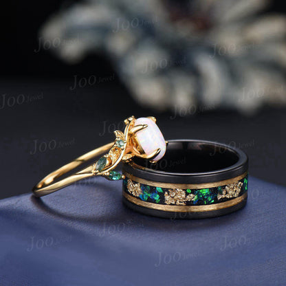 1.5ct Oval Cut White Opal Engagement Ring Set His&Hers Couple Ring Set Men's Tungsten Wedding Ring Yellow Gold Promise Ring Anniversary Gift