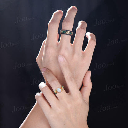 1.5ct Oval Cut White Opal Engagement Ring Set His&Hers Couple Ring Set Men's Tungsten Wedding Ring Yellow Gold Promise Ring Anniversary Gift