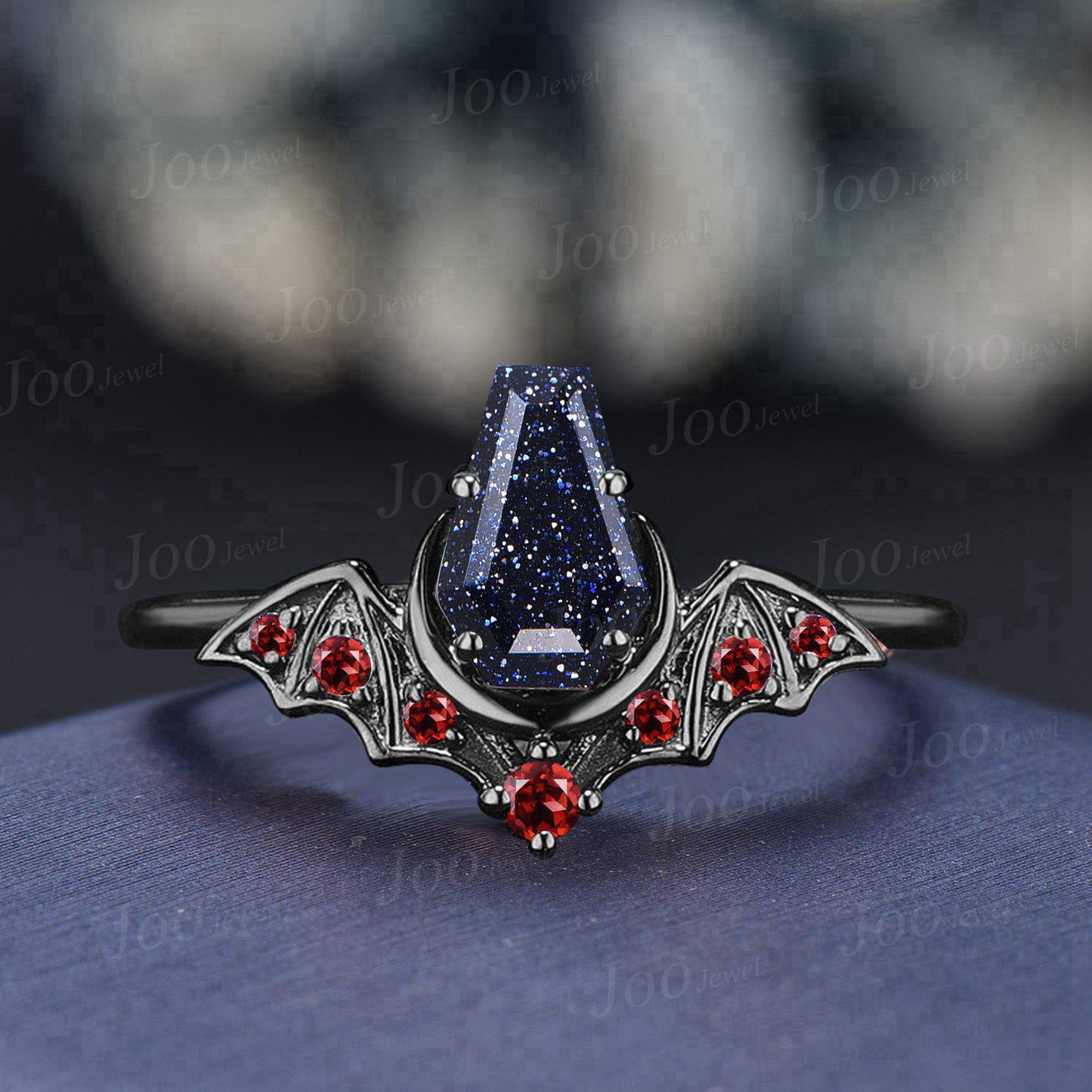 Coffin Cut Galaxy Starry Night Blue Sandstone Amethyst Bridal Ring Unique Blue Goldstone Black Gold Retro Bat Wing Wedding Ring for Women