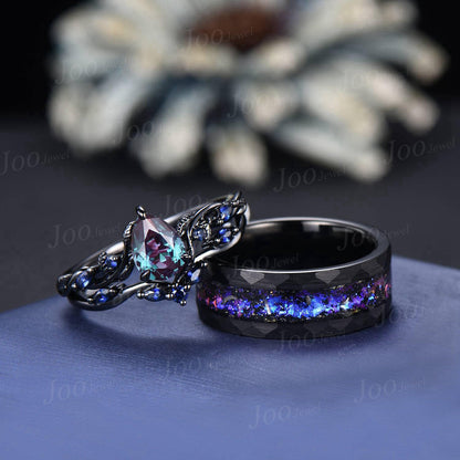 2pcs Color-Change Alexandrite Sapphire Couple Ring Nature Inspired Gothic His and Her Black Promise Ring No-Fading Tungsten Matching Band