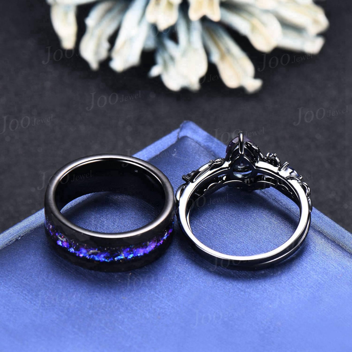 Black Ceramic Tungsten Band For Men, Black Wedding Ring Set, Natural Pear Blue Moonstone Sapphire Sterling Silver ring, Couple Promise Rings