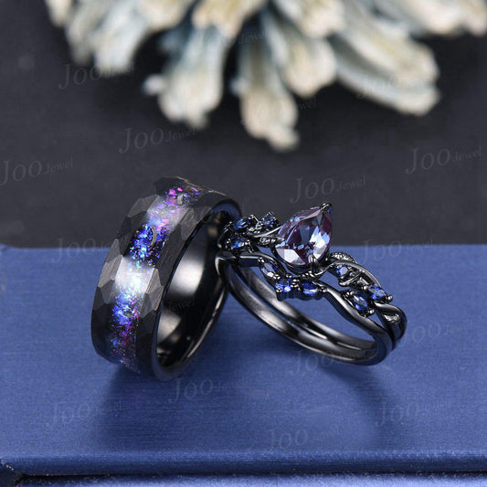 2pcs Color-Change Alexandrite Sapphire Couple Ring Nature Inspired Gothic His and Her Black Promise Ring No-Fading Tungsten Matching Band