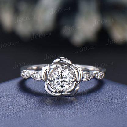 Rose Flower Bee Bridal Ring Round Cut Lab-Grown Diamond Floral Engagement Ring with IGI Certificate Unique Spring Collection Wedding Ideas