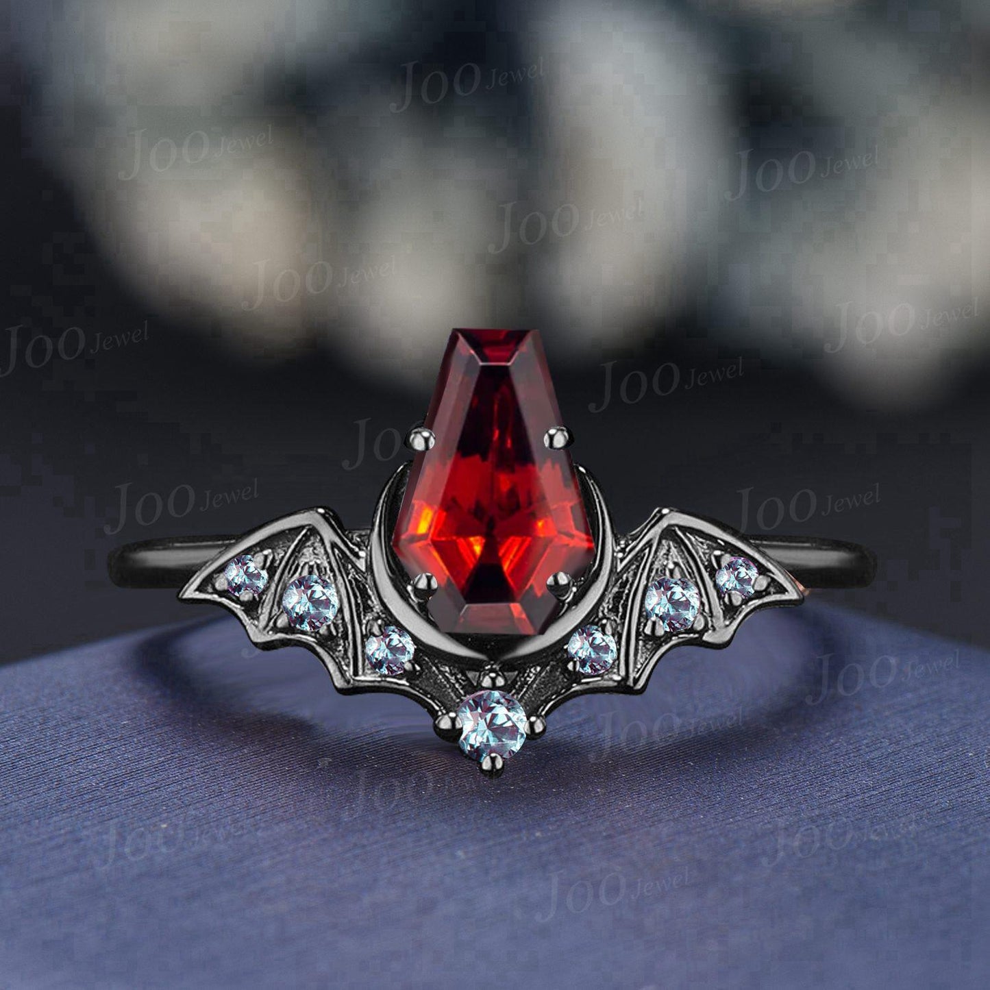 Coffin Shaped Natural Garnet Bat Engagement Rings Set 14K Black Gold Retro Coffin Moon Wedding Ring Set HipHop Punk January Birthstone Gift