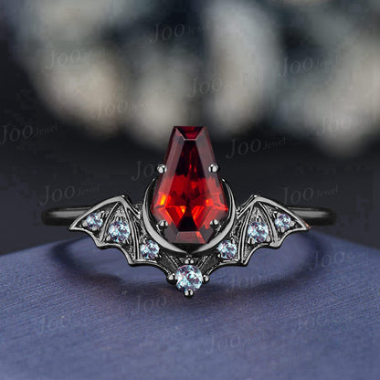 Coffin Shaped Natural Garnet Bat Engagement Rings Set 14K Black Gold Retro Coffin Moon Wedding Ring Set HipHop Punk January Birthstone Gift