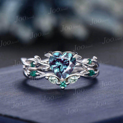 Twig Vine Heart Cut Color-Change Alexandrite Engagement Ring Set Heart Wedding Ring Set Goth Black Promise Ring for Women Anniversary Gifts
