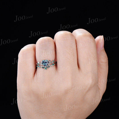 Twig Vine Heart Cut Color-Change Alexandrite Engagement Ring Set Heart Wedding Ring Set Goth Black Promise Ring for Women Anniversary Gifts