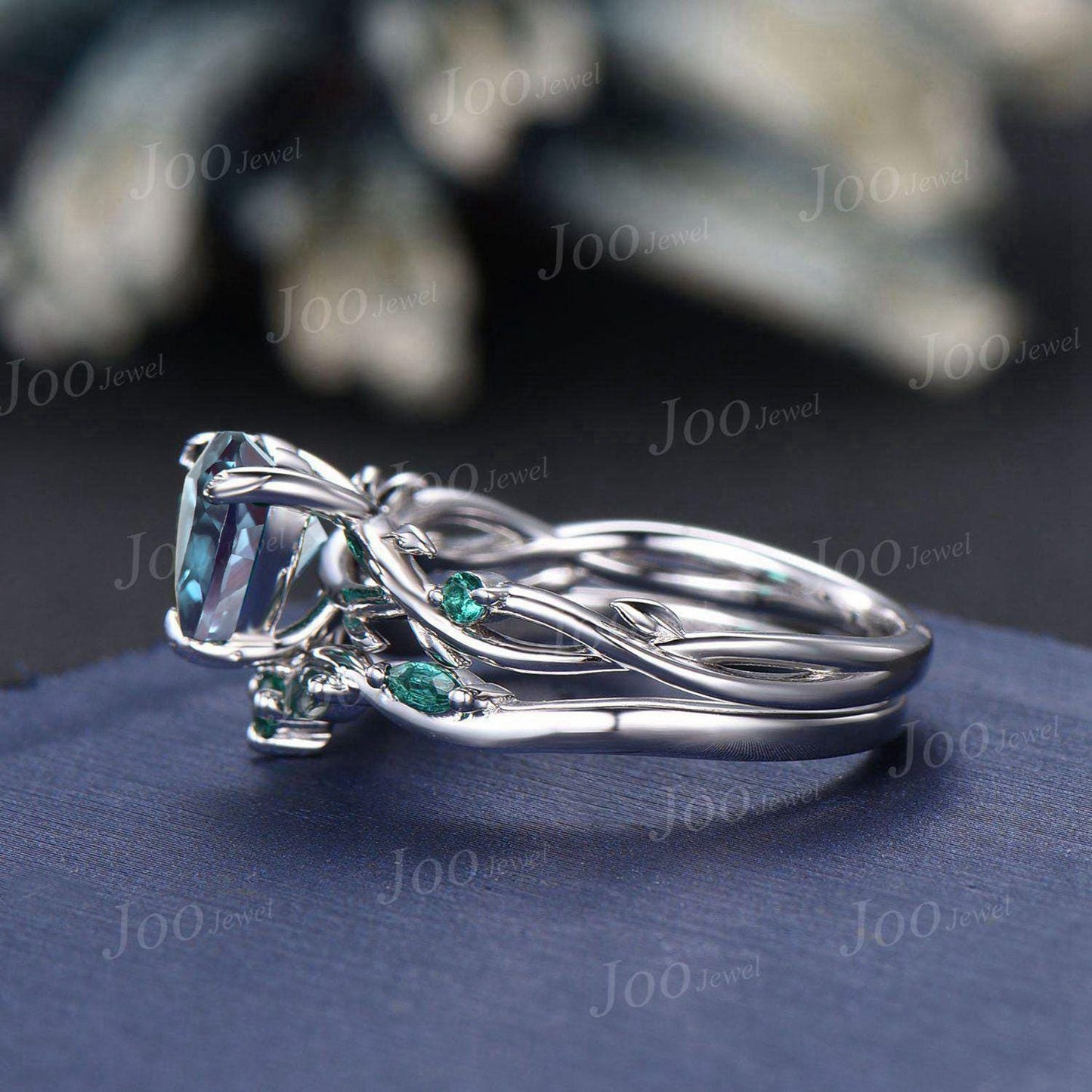 Twig Vine Heart Cut Color-Change Alexandrite Engagement Ring Set Heart Wedding Ring Set Goth Black Promise Ring for Women Anniversary Gifts
