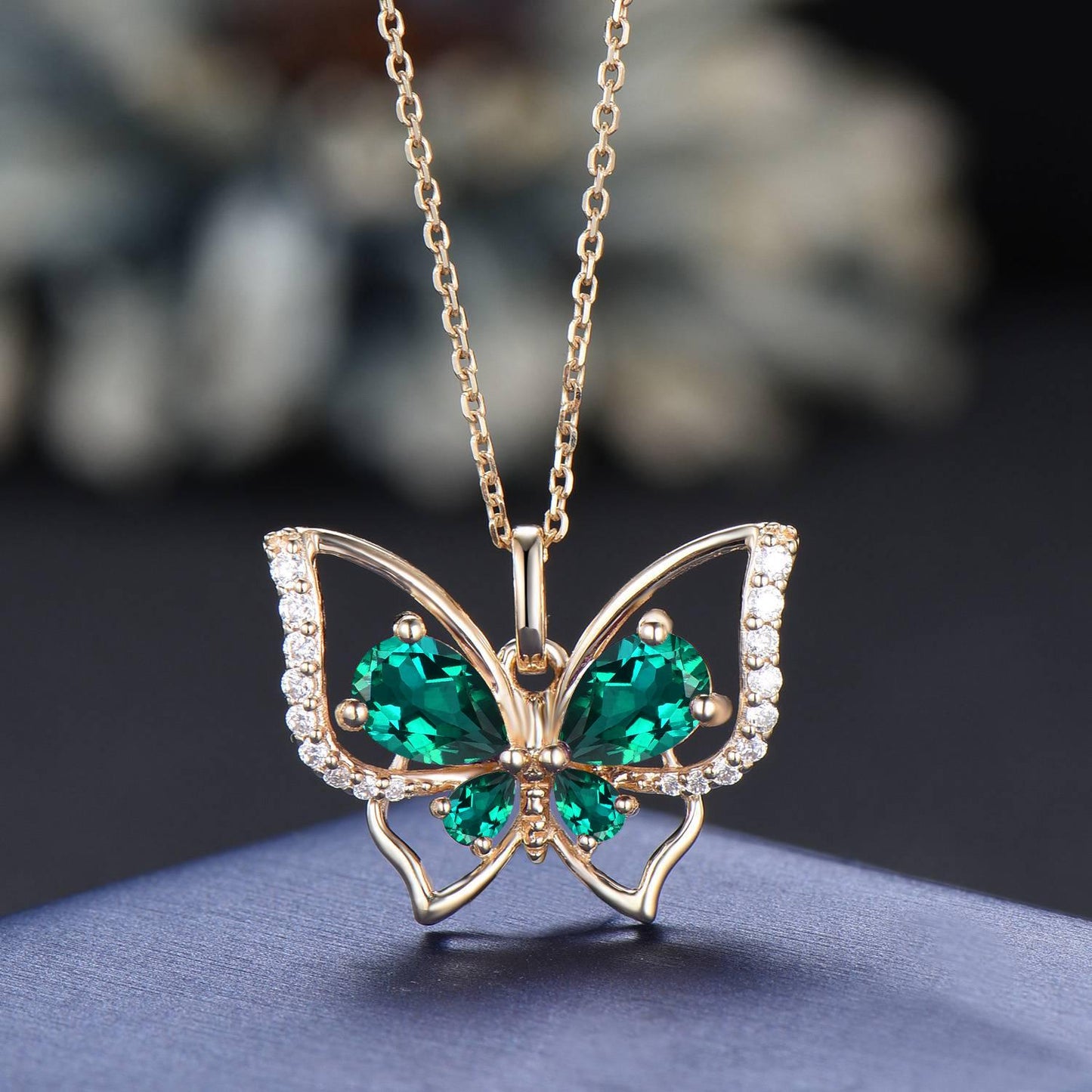 Butterfly Emerald Necklace Pear Cut Green Emerald Pendant 14K Yellow Gold Wedding Necklace May Birthstone Gifts for Daughter/Butterfly Lover