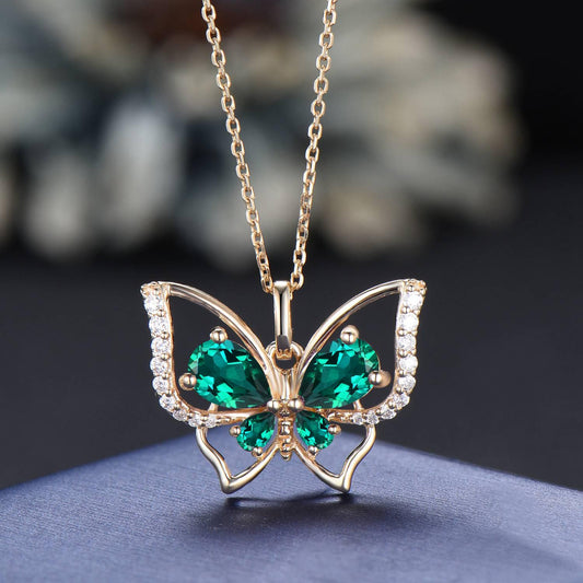 Butterfly Emerald Necklace Pear Cut Green Emerald Pendant 14K Yellow Gold Wedding Necklace May Birthstone Gifts for Daughter/Butterfly Lover