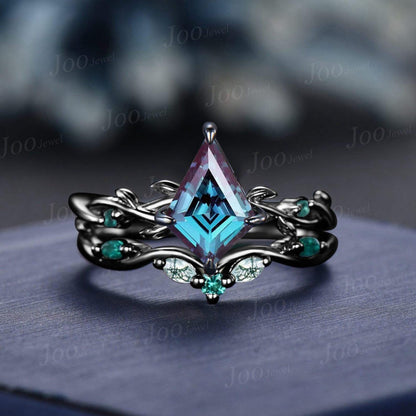 Twig Vine Heart Cut Color-Change Alexandrite Engagement Ring Set Heart Wedding Ring Set Goth Black Promise Ring for Women Anniversary Gifts
