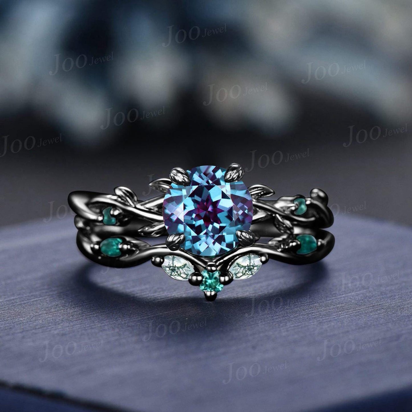 Twig Vine Heart Cut Color-Change Alexandrite Engagement Ring Set Heart Wedding Ring Set Goth Black Promise Ring for Women Anniversary Gifts