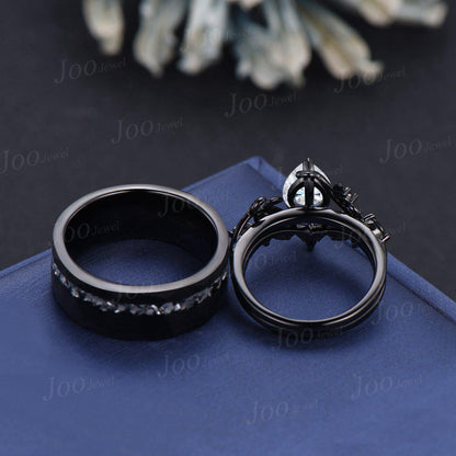 Pear Cut Moissanite and Meteorite Couples Ring Set- His and Hers Black Wedding Band Sterling Silver Matching Band Gothic Couple Promise Ring