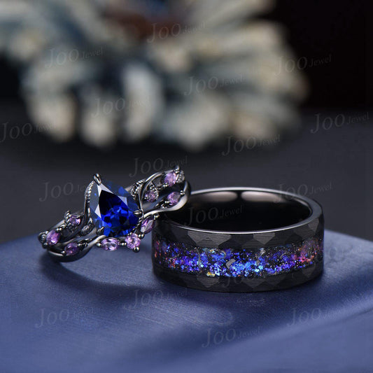 2pcs Pear Color-Change Alexandrite Amethyst Couple Set Nature Inspired Gothic His and Her Black Promise Ring Tungsten Galaxy Matching Band