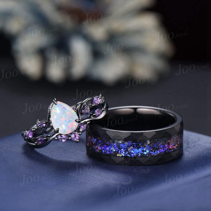 Galaxy Couples Ring Set-His and Hers Wedding Band- Black Gold White Opal Amethyst Wedding Ring/ No-fading Black Tungsten Matching Ring Men