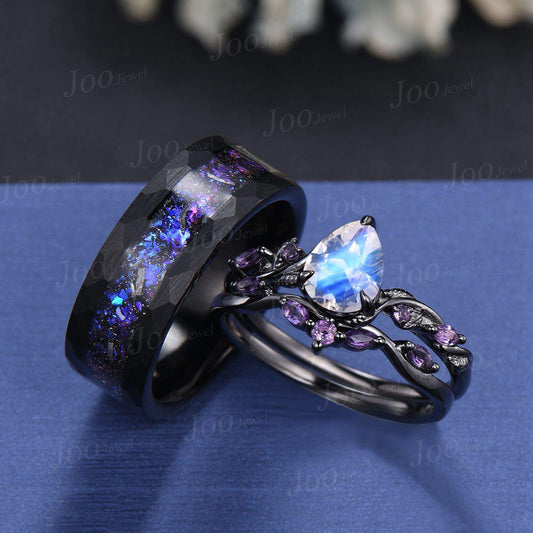 2pcs Pear Cut Natural Moonstone Amethyst Couple Ring Set Nature Inspired Gothic His and Her Black Promise Ring Tungsten Galaxy Matching Band
