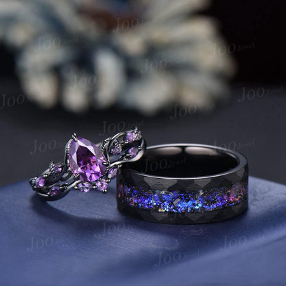 1.25ct Teardrop Cut Natural Purple Amethyst Twig Vine Couples Ring Set Wear-resistant Men Tungsten Galaxy Nebula Matching Ring Set for Lover