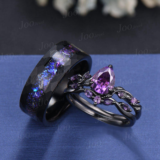 1.25ct Teardrop Cut Natural Purple Amethyst Twig Vine Couples Ring Set Wear-resistant Men Tungsten Galaxy Nebula Matching Ring Set for Lover