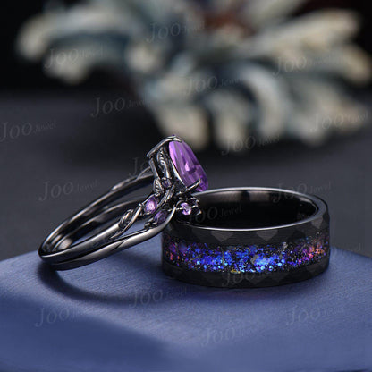 1.25ct Teardrop Cut Natural Purple Amethyst Twig Vine Couples Ring Set Wear-resistant Men Tungsten Galaxy Nebula Matching Ring Set for Lover