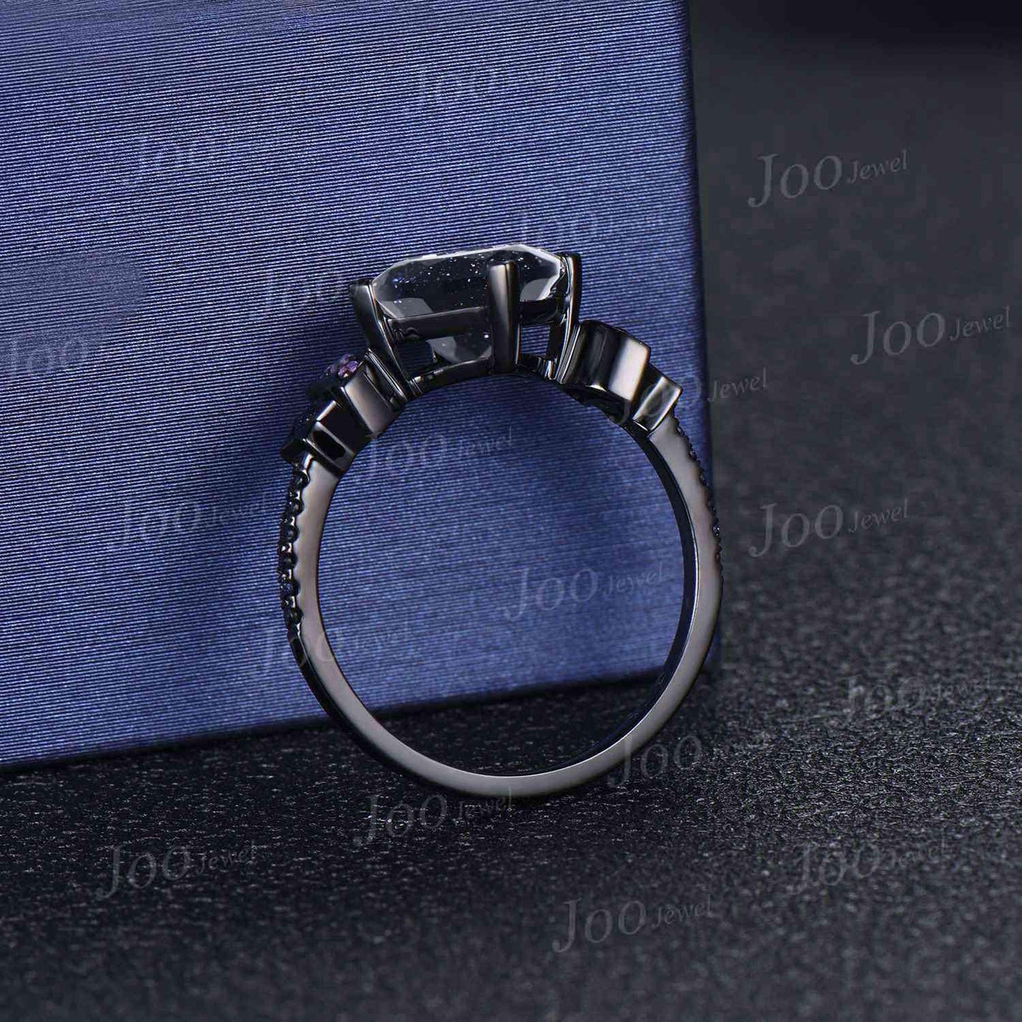 2ct Princess Cut Galaxy Starry Night Blue Sandstone Amethyst Moon Star Wedding Ring Gothic Dark Retro Black Gold Engagement Ring for Women