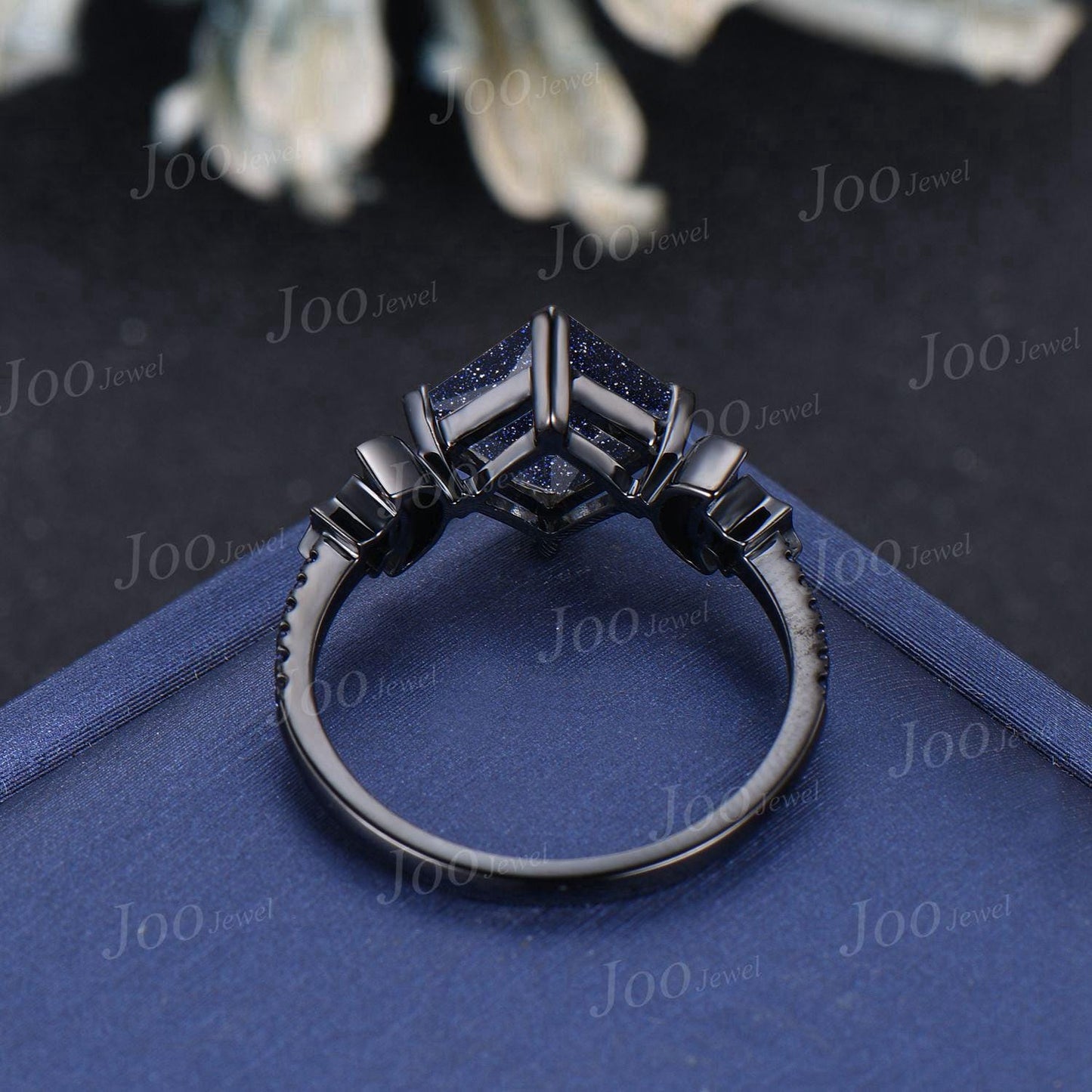 2ct Princess Cut Galaxy Starry Night Blue Sandstone Amethyst Moon Star Wedding Ring Gothic Dark Retro Black Gold Engagement Ring for Women