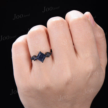 2ct Princess Cut Galaxy Starry Night Blue Sandstone Amethyst Moon Star Wedding Ring Gothic Dark Retro Black Gold Engagement Ring for Women