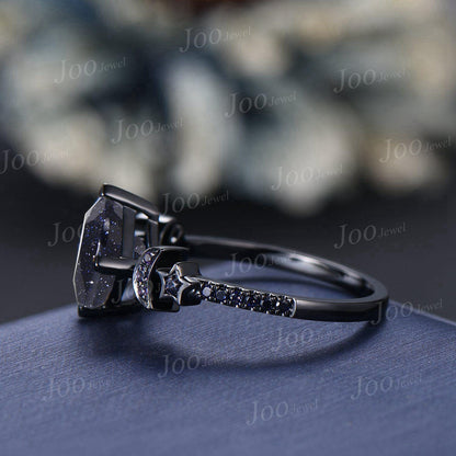 2ct Princess Cut Galaxy Starry Night Blue Sandstone Amethyst Moon Star Wedding Ring Gothic Dark Retro Black Gold Engagement Ring for Women
