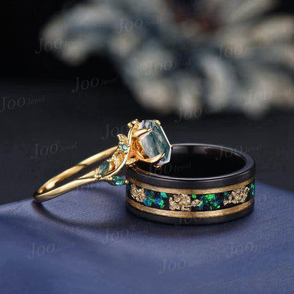 Natural Green Moss Agate Emerald Leaf Couples Ring Set- His and Hers Wedding Band-Yellow Gold Vermeil/Tungsten Matching Unique Promise Rings