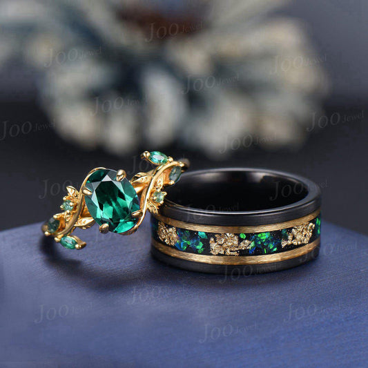 Green Emerald & Meteorite Gold Leaf Couples Ring-His and Hers Wedding Band-Gold Ring Set-Matching Nature Couples Unique Vintage Promise Ring