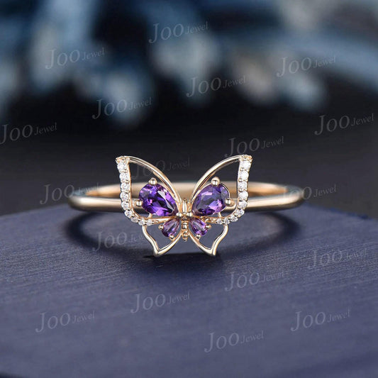 Flying Butterfly Amethyst Solitaire Ring Pear Natural Amethyst Ring Sterling Silver No-Fading Ring Unique February Birthstone Birthday Gifts