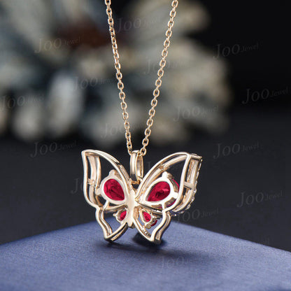 Teardrop Ruby Butterfly Necklace Vintage 14K Yellow Gold Vintage Red Gemstone Pendant Unique July Birthstone Lucky Spring Gifts For Women