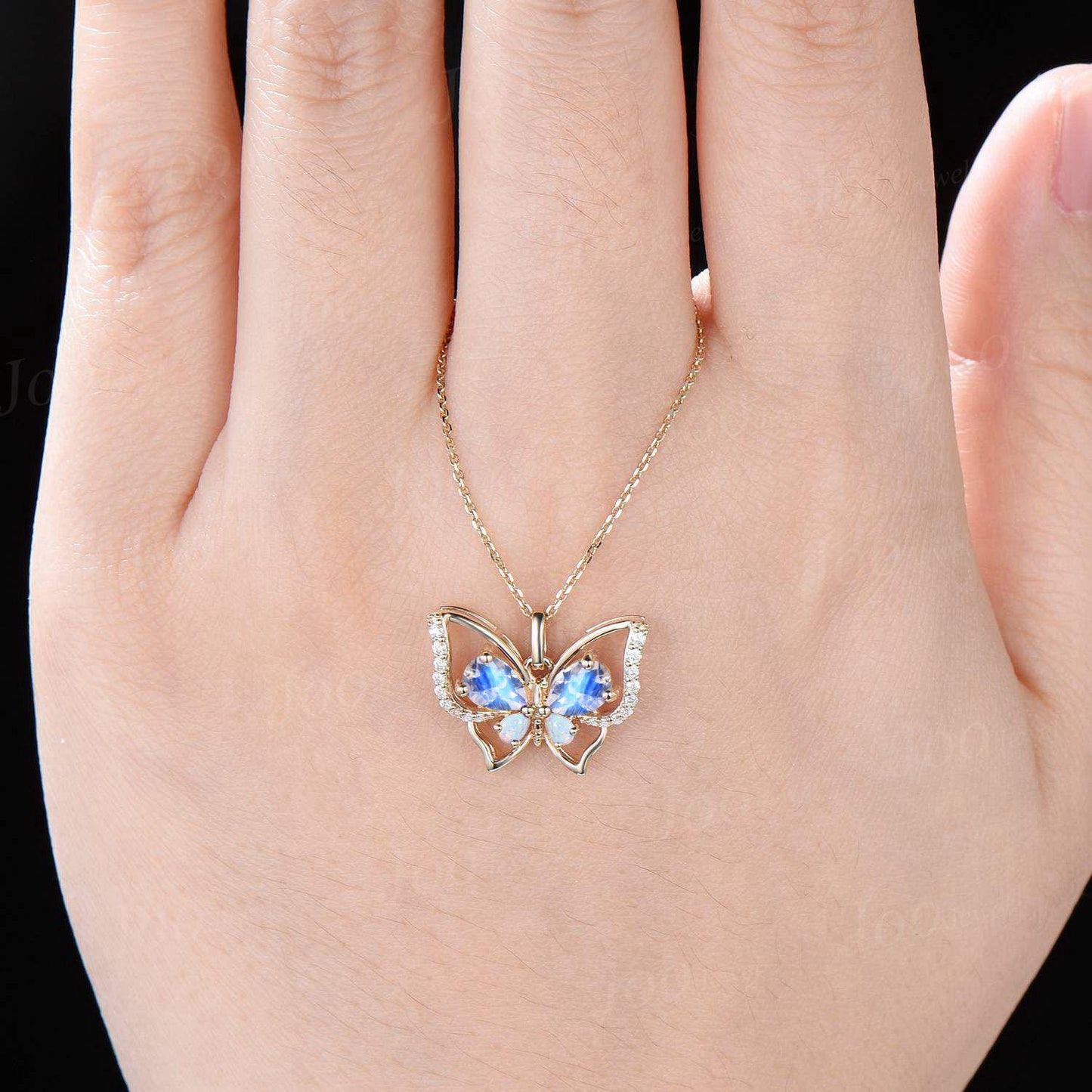 Teardrop Cut Natural Moonstone Opal Butterfly Necklace Sterling Silver Vintage Moonstone Pendant Unique June Birthstone Gifts For Daughter