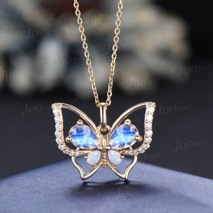 Teardrop Cut Natural Moonstone Opal Butterfly Necklace Sterling Silver Vintage Moonstone Pendant Unique June Birthstone Gifts For Daughter