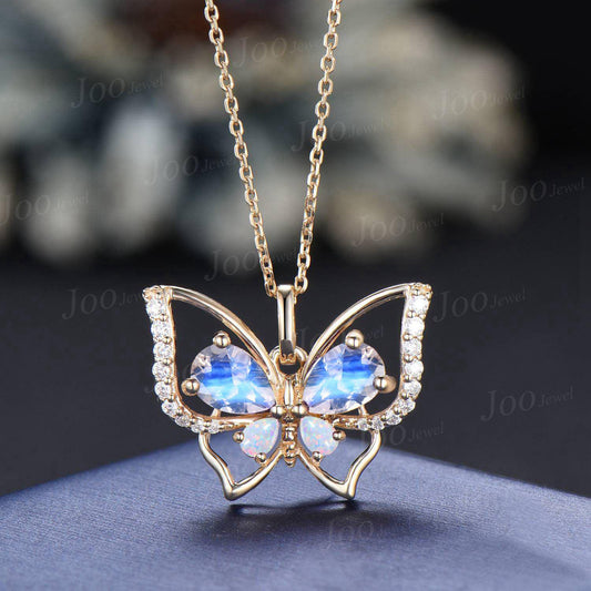 Teardrop Cut Natural Moonstone Opal Butterfly Necklace Sterling Silver Vintage Moonstone Pendant Unique June Birthstone Gifts For Daughter
