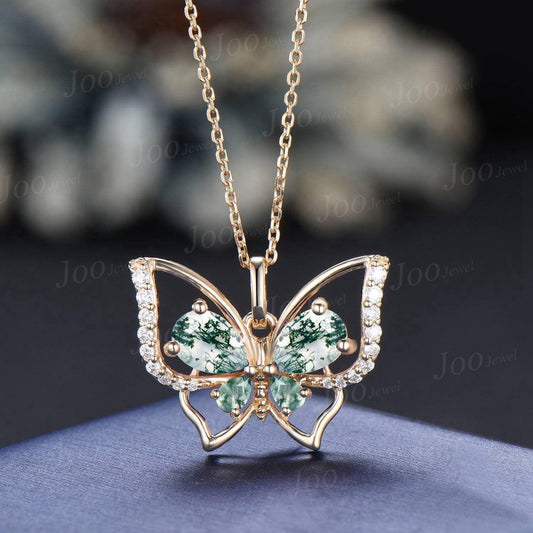 Pear Natural Moss Agate Spring Butterfly Necklace Vintage 14K Gold Agate Pendant Unique Birthday Gift For Daughter Gemstone Butterfly Chain