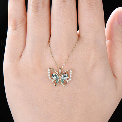 Pear Natural Moss Agate Spring Butterfly Necklace Vintage 14K Gold Agate Pendant Unique Birthday Gift For Daughter Gemstone Butterfly Chain