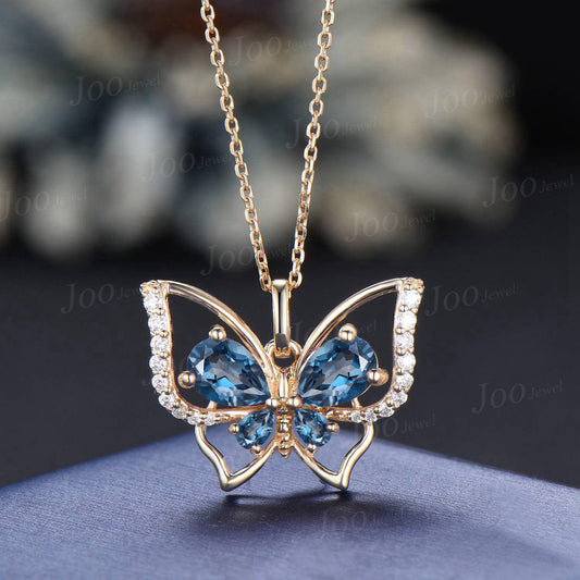 Natural London Blue Topaz Butterfly Necklace Vintage Sterling Silver Teardrop Cut Topaz Pendant Unique December Birthstone Gift For Daughter