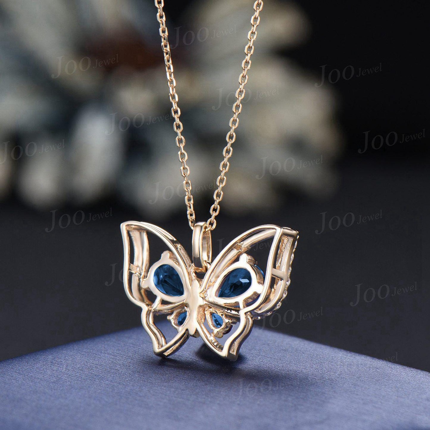 Natural London Blue Topaz Butterfly Necklace Vintage Sterling Silver Teardrop Cut Topaz Pendant Unique December Birthstone Gift For Daughter