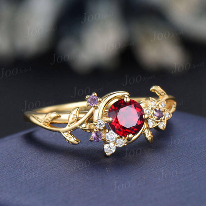 Crescent Moon Round Ruby Amethyst Wedding Ring Yellow Gold Moon Leaf Vine Ruby Engagement Ring Art Deco Promise Ring July Birthstone Gifts