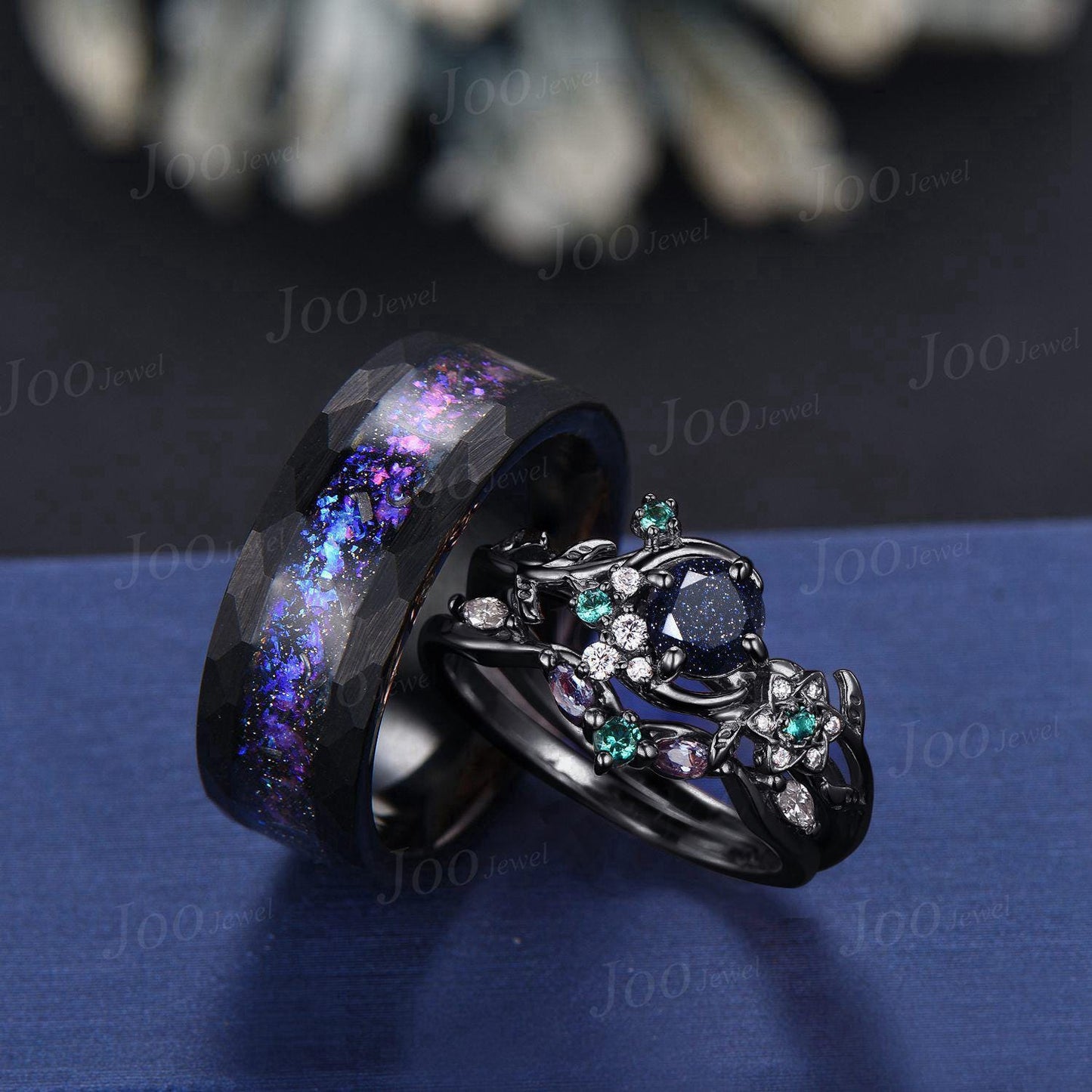 Galaxy Couple Ring Set Nature Inspired His and Her Black Wedding Ring Set No-Fading Tungsten Matching Rings for Men Women Moon Promise Ring