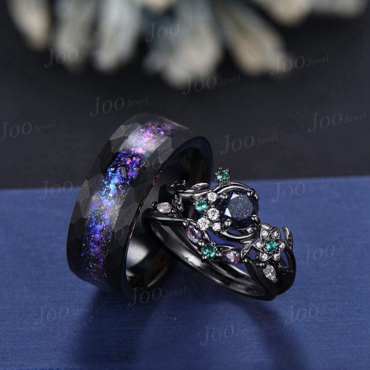 Galaxy Couple Ring Set Nature Inspired His and Her Black Wedding Ring Set No-Fading Tungsten Matching Rings for Men Women Moon Promise Ring